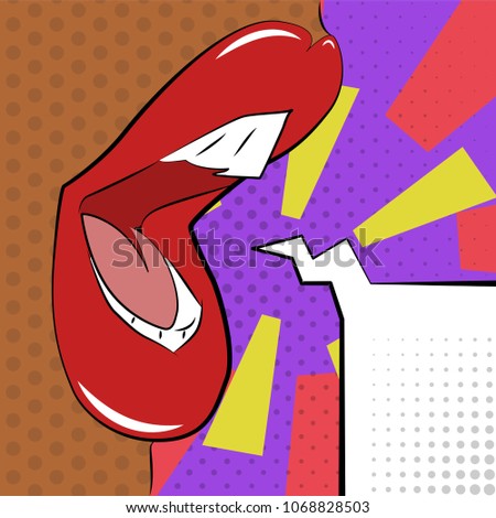 Vector illustration of pop art style. Sexy mouth of an African girl. Vector colorful background in pop art retro comic style.