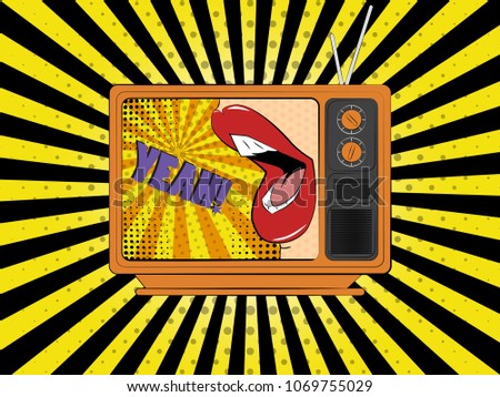 Vector illustration of pop art style. The girl is looking up. The TV on the screen shows the lips of a young girl who says something. Vector colorful background in pop art retro comic style.