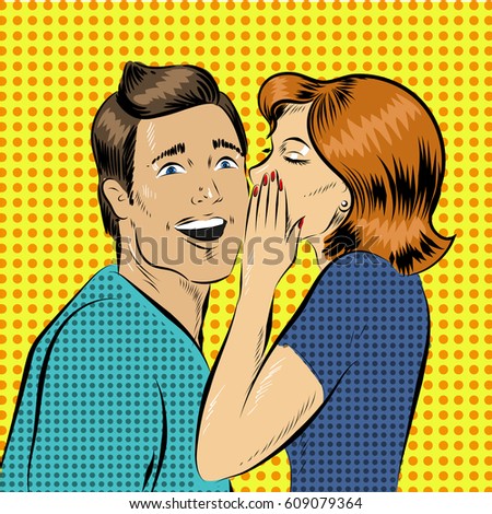 Vector illustration in pop art style woman whisper to a man