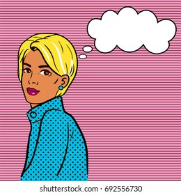 A vector illustration of a pop art thinking woman 