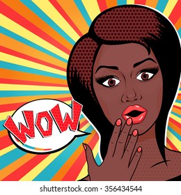 Vector illustration - Pop Art Woman WOW sign. Surprised African American Woman face with open mouth in comic style.