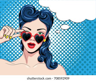 Vector illustration of a pop art woman with red glasses.Speech bubble