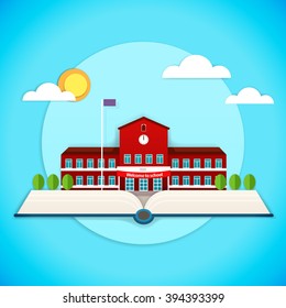 Vector Illustration Of Pop Up Book With School Building In Applique Style