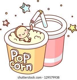 Ilustración vectorial del maíz pop y la bebida
