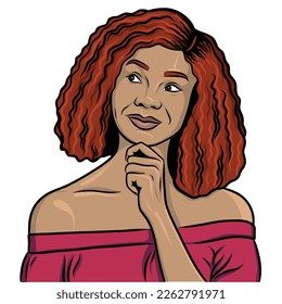 Vector illustration in popart style. African American girl thinking isolated on white and looking left