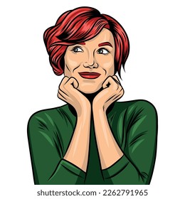 Vector illustration in popart style. Young girl is dreaming about and smiling. Red hair woman looking left on the white background