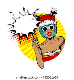 Vector illustration popart wow face. Dare girl in red dress hold hand bengal fire, sparkler empty comic text speech bubble, balloon box. Merry Christmas young beautiful pop art woman pompom deer hat.
