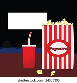 Vector illustration of a popcorn bag and soda pop cup in a movie theatre