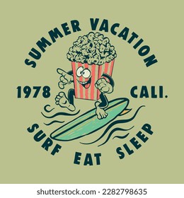 Vector illustration of popcorn box using surf with typography elements. For boys t-shirt.