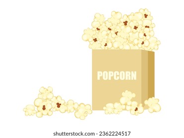 Ilustración vectorial de palomitas de maíz en una bolsa de papel marrón. Estilo de caricatura. Fondo blanco aislado para cine, cine, comida, teatro y diseño.