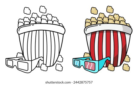 Vector Illustration of popcorn and cinema glasses with lines and colors, for children's coloring book