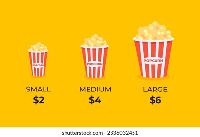 Vector illustration of popcorn in different sizes with prices. Popcorn design template in 3 sizes large, medium, small.