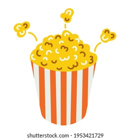 Vector illustration of popcorn. An isolated image of a snack on a white background. Popcorn in a box with red and white stripes. Cinema icon in flat style