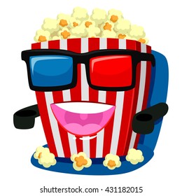 Vector Illustration of Popcorn Mascot wearing 3d Glass