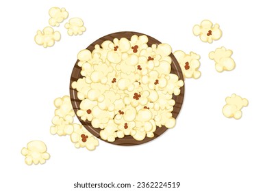 Vector illustration of popcorn packed in a bowl, cartoon style, top view, isolated on blue background for film, cinema, food, theater, and design.