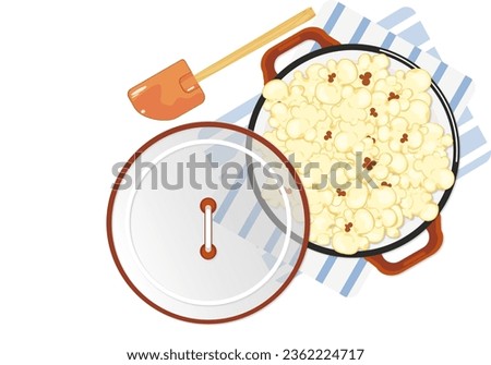 Vector illustration of popcorn packed in a pot with a lid and kitchen utensils. Cartoon style. Top view. Isolated on a blue background for film, cinema, food, theater, and design.