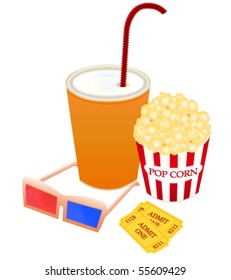 Vector illustration of popcorn in a red box,soda,tickets and 3D movie glasses isolated on white background