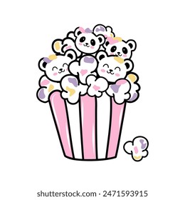 vector illustration in popcorn rows with lilac pink and yellow colorful pandas on white background