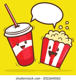 Vector illustration of Popcorn and Soft Drink as Cute Character with bubble text above them on yellow background. Movie time. Cute cartoon. Cute mascot. Food and drink. Happy face.