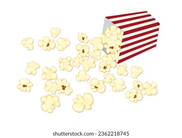 Vector illustration of popcorn spilling out of a red and white cardboard box, cartoon style, isolated on a white background for film, cinema, food, theater, and design.