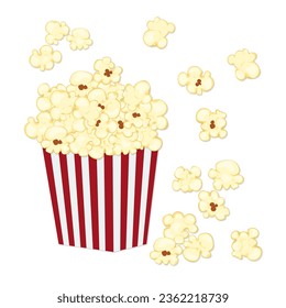 Vector illustration of popcorn splashing out of a red and white cardboard box, cartoon style, isolated on a white background for film, cinema, food, theater, and design.