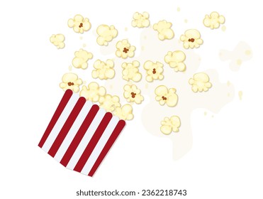 Vector illustration of popcorn splashing out of a red and white cardboard box, cartoon style, isolated on a white background for film, cinema, food, theater, and design.