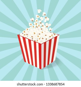 Vector illustration with popcorn in the striped box, salty snack for cinema, entertainment. Cardboard container.
