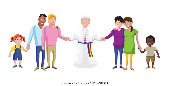 Vector illustration of a Pope holding hands with LGBT families