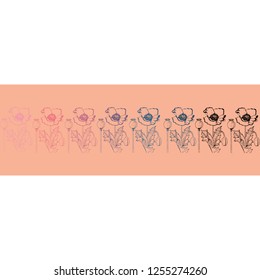 vector illustration of poppies pattern hand drawn on purple, orange, pink, red backgound