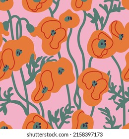 Vector illustration with poppy flowers. Floral wreath. Seamless pattern. Flowers background for cosmetics packaging