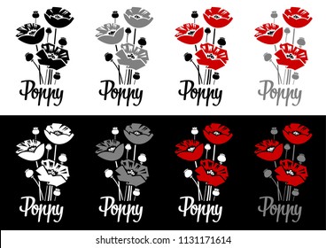 Vector illustration - poppy flowers isolated on white and black background for logo, posters or greeting cards