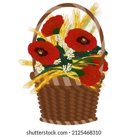 Vector illustration Poppy flowers and yellow spikes in garden basket Summer bright color