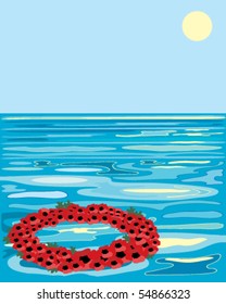vector illustration of a poppy wreath floating on the ocean under a blue sky