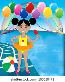 Vector Illustration of Popsicle Girl at pool party with balloons and beach ball.