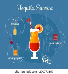 Vector illustration of popular alcoholic cocktail Tequila Sunrise with a detailed recipe and ingredients in flat style 