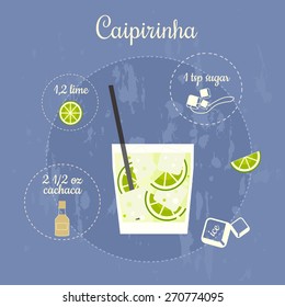 Vector illustration of popular alcoholic cocktail Caipirinha with a detailed recipe and ingredients in flat style 