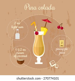 Vector illustration of popular alcoholic cocktail Pina Colada with a detailed recipe and ingredients in flat style 