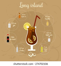 Vector illustration of popular alcoholic cocktail Long Island with a detailed recipe and ingredients in flat style 