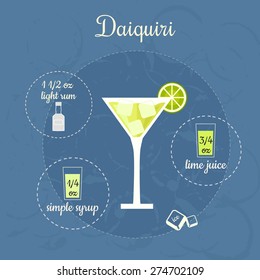 Vector illustration of popular alcoholic cocktail Daiquiri with a detailed recipe and ingredients in flat style 