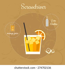Vector illustration of popular alcoholic cocktail Screwdriver with a detailed recipe and ingredients in flat style 