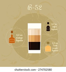 Vector illustration of popular alcoholic cocktail B-52 with a detailed recipe and ingredients in flat style 