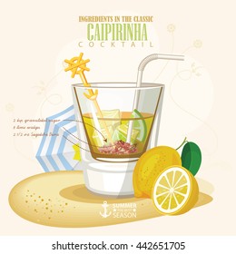 Vector illustration of popular alcoholic cocktail. Caipirinha club alcohol shot.