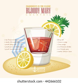 Vector illustration of popular alcoholic cocktail. Bloody Mary club alcohol shot.