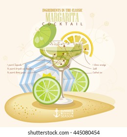 Vector illustration of popular alcoholic cocktail. Margarita club alcohol shot.