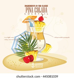 Vector illustration of popular alcoholic cocktail. Pina colada club alcohol shot.