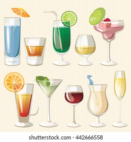 Vector illustration of popular alcoholic cocktails.  Bloody Mary, Tequila Sunrise, Mojito, Cosmopolitan, Pina Colada, Caipirinha, Mai Tai, Margarita. Vintage style.