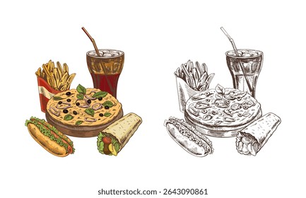 Vector illustration of popular fast food items including pizza with basil and olives, glass of soda with straw, French fries, hotdog and tortilla wrap. Includes both colorful and monochrom