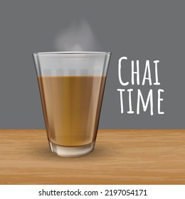 Vector illustration of popular indian hot drink masala chai also called as tea in glass on wooden table