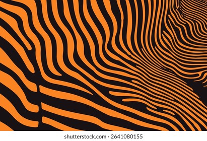 Vector illustration in popular modern Op Art style, featuring dynamic wavy lines and abstract flowing shapes, creating an illusion of depth and movement with high contrast and bold graphic elements.
