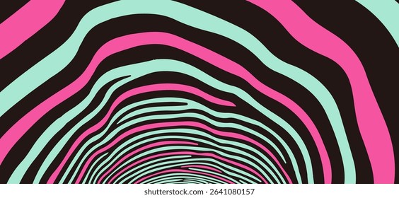 Vector illustration in popular modern Op Art style, featuring dynamic wavy lines and abstract flowing shapes, creating an illusion of depth and movement with high contrast and bold graphic elements.